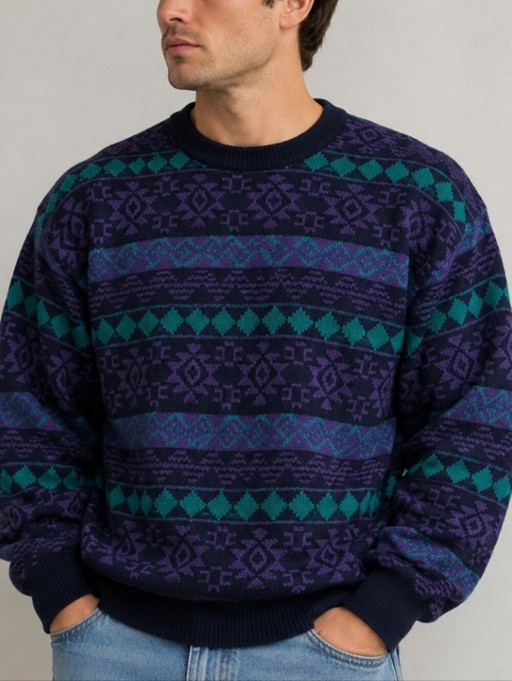 Vintage 80s LIBRA Unisex Boyfriend Style Abstract Knit Pullover Sweater